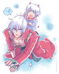 Rule 34 | 2boys, anger vein, angry, bad id, bad pixiv id, blue eyes, capcom, carrying, child, coat, dante (devil may cry), demon tail, devil may cry, devil may cry (series), devil may cry 3, devil may cry 4, fingerless gloves, gloves, grabbing another&#039;s hair, horns, multiple boys, nero (devil may cry), short hair, smile, star (symbol), tail, white hair, aged down