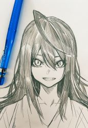 Rule 34 | 1girl, :d, act-age, ahoge, art tools in frame, graphite (medium), hair between eyes, highres, hoshi san 3, looking at viewer, open mouth, photo (medium), smile, solo, traditional media, upper body, yonagi kei