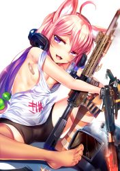 Rule 34 | 1girl, :3, :d, ahoge, animal ears, assault rifle, asymmetrical legwear, bad id, bad pixiv id, bandaid, bike shorts, black gloves, black shorts, blouse, breasts, bullet, cat ears, cat girl, clip (weapon), commentary request, crack, cracked glass, ear protection, fang, feet, glint, gloves, glowing, gun, hair between eyes, hair bobbles, hair ornament, half-closed eyes, head tilt, highres, hinata channel, holding, holding gun, holding knife, holding weapon, knife, long hair, looking at viewer, low-tied long hair, magazine (weapon), mismatched legwear, nekomiya hinata, no bra, no shoes, open mouth, orange thighhighs, pink hair, purple eyes, rifle, shirt, short shorts, shorts, silly (marinkomoe), simple background, sitting, small breasts, smile, smoke, solo, striped clothes, striped thighhighs, suppressor, tally, tank top, thighhighs, very long hair, virtual youtuber, weapon, weapon request, welding mask, white background, white shirt