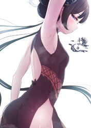 Rule 34 | 1girl, absurdres, armpits, black dress, black hair, blue archive, blush, breasts, china dress, chinese clothes, closed mouth, cowboy shot, double bun, dragon print, dress, grey eyes, hair bun, highres, kisaki (blue archive), long hair, pemojoke, sidelocks, simple background, sleeveless, sleeveless dress, small breasts, solo, twintails, twitter username, white background