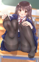 Rule 34 | 1girl, black pantyhose, blue jacket, blue skirt, blurry, blurry background, blush, brown eyes, brown hair, cameltoe, chair, chalkboard, commentary request, desk, foot focus, foreshortening, hair between eyes, hair ornament, hairclip, holding, indoors, jacket, leg up, long hair, looking at viewer, on desk, open mouth, original, panties, panties under pantyhose, pantyhose, red ribbon, ribbon, rikatan, school chair, school desk, shirt, sidelocks, sitting, on desk, skirt, solo, thighband pantyhose, underwear, white panties, white shirt
