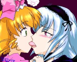Rule 34 | 00s, 2girls, blush, eye contact, french kiss, heart, hinaichigo, kiss, looking at another, lowres, multiple girls, rozen maiden, suigintou, surprised, tears, tongue, yuri