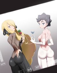 Rule 34 | 2girls, alternate color, ass, back, backless dress, backless outfit, bare shoulders, black dress, black hair, blonde hair, blue eyes, blush, breasts, butt crack, camera, creatures (company), cup, cynthia (pokemon), diantha (pokemon), dress, drinking glass, elbow gloves, food, from behind, game freak, glass, gloves, hair ornament, hair over one eye, hand on ass, huge ass, ice cream, ice cream cone, large breasts, long hair, looking at viewer, looking back, mm (pixiv2899112), multiple girls, narrow waist, nintendo, no bra, no panties, open mouth, pokemon, pokemon (anime), pokemon dppt, pokemon xy, pov, see-through, shiny clothes, shiny skin, short hair, sideboob, smile, tongue, tongue out, very long hair, wide hips, wine glass