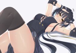 Rule 34 | 1girl, absurdres, ainuru, antenna hair, armpits, arms up, bandaged hand, bandages, black dress, black gloves, black hair, black thighhighs, blush, breasts, cleavage, colored inner hair, commentary request, dress, elbow pads, female rover (wuthering waves), gloves, grey hair, hair intakes, hair ornament, hair ribbon, hairclip, highres, large breasts, long hair, looking at viewer, multicolored hair, partially fingerless gloves, pelvic curtain, ribbon, rover (wuthering waves), sideboob, smile, solo, teeth, thighhighs, thighs, white hair, wuthering waves, yellow eyes, yellow ribbon