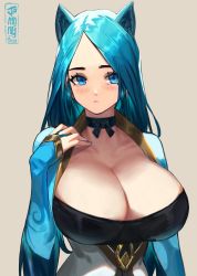 Rule 34 | 1girl, animal ears, beige background, blue choker, blue eyes, blue hair, blue nails, blue theme, blush, breasts, choker, cleavage, hand on own shoulder, highres, ja mong, large breasts, long hair, looking at viewer, nail polish, original, parted hair, procreate (medium), solo, upper body