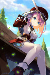 Rule 34 | 1girl, belt, bench, black bow, black bowtie, blue eyes, blue gemstone, blue sky, boots, bow, bowtie, breasts, brooch, buttons, cabbie hat, charlotte (genshin impact), closed mouth, cloud, commentary request, day, detached sleeves, dutch angle, eyelashes, eyewear strap, fold-over boots, gem, genshin impact, gloves, gold trim, hand up, hat, hat feather, hat ribbon, high-waist skirt, highres, jewelry, kuro (b g), long sleeves, looking at viewer, medium breasts, medium hair, monocle, on bench, outdoors, parted bangs, pink hair, pouch, puffy detached sleeves, puffy sleeves, red footwear, red hat, red skirt, red sleeves, ribbon, shirt, signature, sitting, skirt, sky, sleeve cuffs, sleeveless, sleeveless shirt, smile, solo, split mouth, suspender skirt, suspenders, swept bangs, tree, vision (genshin impact), white belt, white gloves, white shirt