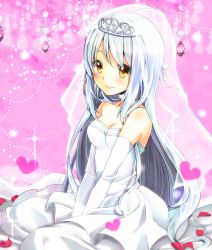Rule 34 | 10s, 1girl, aoi (kiyokiyoaomushi), breasts, cleavage, dress, female focus, highres, kantai collection, looking at viewer, md5 mismatch, personification, resized, shoukaku (kancolle), silver hair, smile, solo, tiara, veil, wedding dress, yellow eyes