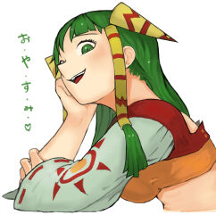Rule 34 | 1girl, akumesik, breasts, commentary, feena (grandia), grandia, grandia i, green eyes, green hair, hair ornament, hair tubes, highres, long hair, looking at viewer, medium breasts, open mouth, simple background, smile, solo, white background, wide sleeves