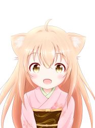 Rule 34 | 1girl, absurdres, ahoge, animal ears, artist request, blonde hair, blush, child, eyebrows, fang, fox ears, highres, japanese clothes, kimono, konohana kitan, long hair, looking at viewer, open mouth, simple background, solo, teeth, upper body, upper teeth only, white background, yellow eyes, yuzu (konohana kitan)