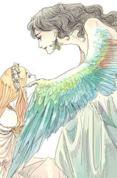 Rule 34 | 2girls, ajitsuke nori, armlet, bare shoulders, bird girl, black hair, blonde hair, covered mouth, dress, from side, jewelry, leaning forward, long hair, looking at another, multiple girls, multiple wings, necklace, original, parted lips, profile, rainbow wings, red dress, simple background, sitting, smile, standing, tiara, wavy hair, white background, white dress, winged arms, wings