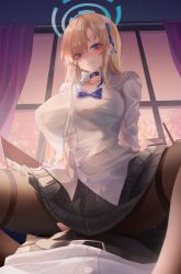 Rule 34 | 1boy, 1girl, absurdres, asuna (blue archive), bad id, bad pixiv id, black choker, black skirt, blue archive, blue eyes, blush, breasts, brown pantyhose, choker, collarbone, commentary, english commentary, girl on top, halo, highres, large breasts, long hair, long sleeves, looking at viewer, pantyhose, parted lips, pleated skirt, shirt, sitting, skirt, smile, solo focus, spread legs, thighband pantyhose, thighs, torn clothes, torn pantyhose, turbulence, white shirt