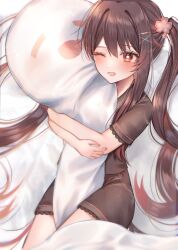 Rule 34 | 1girl, adapted costume, brown hair, flower, flower-shaped pupils, genshin impact, hair flower, hair ornament, hairclip, highres, hu tao (genshin impact), hug, long hair, no headwear, hugging object, one eye closed, open mouth, pillow, pillow hug, red eyes, rim (ririm711), shirt, smile, solo, symbol-shaped pupils, twintails