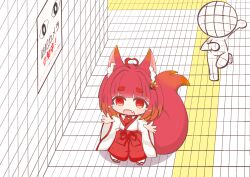 Rule 34 | 1girl, 1other, @ @, ad, ahoge, animal ear fluff, animal ears, blunt bangs, crying, crying with eyes open, fang, fox ears, fox girl, fox tail, full body, gradient hair, hair ornament, hakama, hakama pants, hallway, highres, japanese clothes, kimono, mokezi, multicolored hair, open mouth, original, pants, poster (object), red eyes, red hair, red hakama, sandals, shadow, short hair, sidelocks, sign, standing, tactile paving, tail, tears, the exit 8, thick eyebrows, tile floor, tile wall, tiles, translation request, white kimono, wide sleeves, zouri