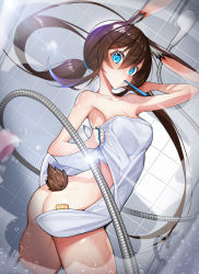 Rule 34 | 1girl, absurdres, amiya (arknights), animal ears, arknights, ass, bathing, blue eyes, breasts, brown hair, butt crack, cleavage, covering privates, cowboy shot, heart, highres, kyudong., long hair, looking at viewer, medium breasts, nude, nude cover, rabbit ears, rabbit girl, rabbit tail, solo, tail, twintails, water
