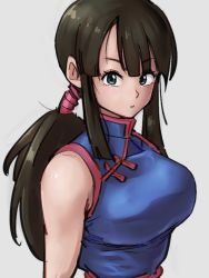 Rule 34 | 1girl, breasts, brown hair, chi-chi (dragon ball), chinese clothes, dragon ball, dragon ball (classic), grey background, kemachiku, large breasts, long hair, looking at viewer, ponytail, simple background, sleeveless, solo
