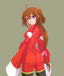 Rule 34 | 10s, 1girl, ahoge, ass, black footwear, black thighhighs, bodysuit, boots, brown hair, chaos dragon, cosplay, cowboy shot, detached sleeves, dimples of venus, from behind, frown, grey background, hair between eyes, hair ribbon, highres, impossible clothes, inori (chaos dragon), inori (chaos dragon) (cosplay), kachimira, long hair, looking at viewer, looking back, low-tied long hair, mashiro sagura, parted bangs, parted lips, purple eyes, ribbon, sidelocks, simple background, skin tight, sleeves past wrists, solo, thigh boots, thighhighs, turtleneck, two side up, very long hair, wide sleeves
