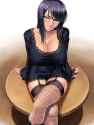 Rule 34 | 1girl, arm support, black hair, blunt bangs, blush, breasts, brown eyes, cleavage, collarbone, crossed legs, female focus, fishnet thighhighs, fishnets, garter belt, kagami hirotaka, lace, lingerie, long hair, looking at viewer, nico robin, nico robin (thriller bark), one piece, parted lips, sitting, smile, solo, thighhighs, thriller bark, underwear, yellow eyes, zettai ryouiki