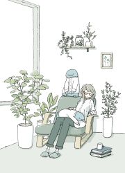Rule 34 | 1girl, animal, bird, black pants, book, brown hair, chair, closed eyes, clothed animal, east sha2, framed image, glasses, highres, jar, long hair, long sleeves, no nose, on lap, original, pants, plant, potted plant, shadow, shirt, sleeping, slippers, white shirt