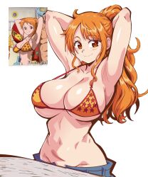 Rule 34 | 1girl, breasts, huge breasts, lewdamone, looking at viewer, nami (one piece), navel, one piece, orange hair, smile, solo, stomach