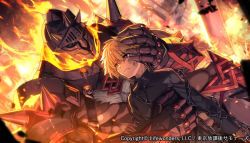 Rule 34 | 2boys, abs, belt, biceps, blonde hair, brown eyes, chest hair, chest harness, crying, crying with eyes open, dai-xt, embers, fire, gauntlets, gloves, harness, helmet, holding, large pectorals, male focus, protagonist 3 (housamo), multiple boys, muscular, official art, official wallpaper, pectorals, red eyes, surtr (housamo), tears, tokyo houkago summoners, upper body, veins