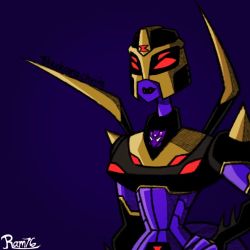 Rule 34 | 1girl, alien, blackarachnia, breasts, colored skin, curvy, decepticon, hand on own hip, humanoid robot, medium breasts, purple lips, purple skin, ramses76x, red eyes, robot, simple background, solo, transformers, transformers animated