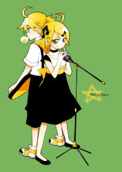 Rule 34 | 1boy, 1girl, ahoge, back-to-back, blonde hair, brother and sister, blowing bubbles, chewing gum, dress, green eyes, hair ornament, hairclip, kagamine len, kagamine rin, microphone, microphone stand, musical note, ninjin (charat7), shoes, short hair, shorts, siblings, smile, twins, vocaloid