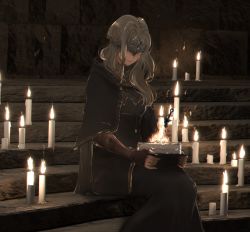 Rule 34 | 1girl, 3d background, black dress, blender (medium), blindfold, blonde hair, bonfire, bonfire (dark souls), breasts, cake, candle, cape, capelet, clip studio paint (medium), cloak, closed mouth, covered eyes, dark souls (series), dark souls i, dark souls iii, dress, fire, fire keeper, fire, food, giya, gloves, holding, holding cake, holding food, jewelry, lips, long hair, mask, medium breasts, necklace, sitting, smile, solo, stairs, stone, stone stairs, stone wall, sword, wall, weapon
