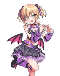 Rule 34 | 1girl, absurdres, bean tan, black choker, black footwear, blonde hair, blush, bow, breasts, checkered clothes, choker, cleavage, cross-laced clothes, cross-laced top, demon wings, detached sleeves, fangs, frilled shirt, frills, green eyes, hair bow, hand up, heart, heart hands, highres, idolmaster, idolmaster cinderella girls, idolmaster cinderella girls starlight stage, layered skirt, looking at viewer, low wings, medium hair, midriff, navel, official alternate costume, open mouth, purple bow, purple leg warmers, purple shirt, purple skirt, purple sleeves, sakurai momoka, shirt, sidelocks, skirt, small breasts, smile, solo, standing, standing on one leg, thighs, twintails, wavy hair, white background, wings