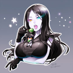 Rule 34 | 10s, 2girls, abyssal ship, black hair, blue eyes, breast hold, breasts, eating, glowing, glowing eye, gradient background, heterochromia, kantai collection, ko-on (ningen zoo), large breasts, long hair, multiple girls, open mouth, orange eyes, outline, ri-class heavy cruiser, ru-class battleship, shoulder pads, star (symbol), tongue, tongue out, twitter username