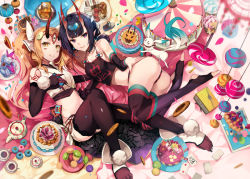 Rule 34 | 2girls, :q, animal, ass, bare shoulders, blonde hair, blush, body markings, breasts, cake, candy, chinese clothes, commentary request, crop top, cup, detached sleeves, dudou, earrings, elbow gloves, facial mark, fate/grand order, fate (series), food, gloves, hirai yuzuki, horns, ibaraki douji (fate), ibaraki douji (fate/grand order), ibaraki douji (swimsuit lancer) (fate), ibaraki douji (swimsuit lancer) (third ascension) (fate), jewelry, knee up, lollipop, long hair, looking at viewer, lying, makeup, multiple girls, navel, on back, oni, open mouth, panties, parted lips, pointy ears, purple eyes, purple hair, saucer, short hair, shorts, shuten douji (fate), shuten douji (fate/grand order), shuten douji (halloween caster) (fate), sidelocks, signature, singlet, skin-covered horns, small breasts, smile, tattoo, toeless legwear, tongue, tongue out, underwear, yellow eyes