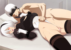 Rule 34 | 1girl, bed, breasts, censored, fingering, game cg, hetero, highres, leotard, lime (purple haze), lying, nier (series), nier:automata, nude, on bed, partially visible vulva, pussy, pussy juice, shiny skin, short hair, silver hair, smile, sweat, 2b (nier:automata), 9s (nier:automata)