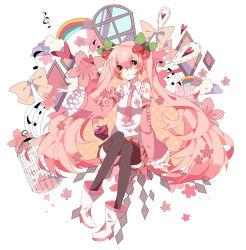Rule 34 | 1girl, birdcage, boots, bow, cage, cherry, detached sleeves, food, fruit, hatsune miku, heart, long hair, musical note, necktie, pink hair, rainbow, sakura miku, skirt, smile, solo, thighhighs, twintails, very long hair, vocaloid, white background, window, yellow eyes
