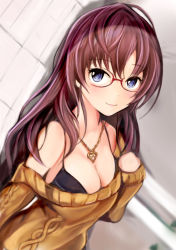 Rule 34 | 10s, 1girl, bespectacled, blue eyes, blush, breasts, brown hair, cleavage, glasses, ichinose shiki, idolmaster, idolmaster cinderella girls, jewelry, long hair, long sleeves, looking at viewer, nannacy7, necklace, sketch, smile, solo, upper body