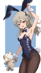 Rule 34 | 1girl, absurdres, animal ears, black bow, black bowtie, black leotard, blush, boko (girls und panzer), bow, bowtie, breasts, brown eyes, brown hair, brown pantyhose, covered navel, fake animal ears, fake tail, girls und panzer, highres, leotard, long hair, looking at viewer, nishizuki shino, open mouth, pantyhose, playboy bunny, rabbit ears, rabbit tail, shimada arisu, small breasts, smile, solo, stuffed toy, tail