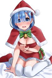 Rule 34 | 1girl, :d, arm support, bell, blue eyes, blue hair, blush, boots, bow, bowtie, breasts, capelet, cleavage, clothes pull, flower knot, fur-trimmed boots, fur-trimmed capelet, fur-trimmed skirt, fur trim, green bow, green bowtie, hair ornament, hairclip, hat, highres, igarashi kyouhei, looking at viewer, medium breasts, medium hair, miniskirt, neck bell, open mouth, re:zero kara hajimeru isekai seikatsu, red hat, red skirt, rem (re:zero), round teeth, santa costume, santa hat, shirt pull, short hair, sitting, skirt, smile, solo, teeth, thighhighs, upper teeth only, wariza, white thighhighs, x hair ornament