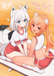 Rule 34 | 2girls, ahoge, alternate costume, animal ear fluff, animal ear piercing, animal ears, aqua eyes, black ribbon, blonde hair, blush, breasts, cat ears, cat girl, cat tail, closed mouth, commentary, dark-skinned female, dark skin, double-parted bangs, elf, flying sweatdrops, foot out of frame, fox ears, fox girl, fox tail, gym shirt, gym shorts, gym uniform, hair between eyes, hair ribbon, heart, high ponytail, highres, hololive, indoors, kemonomimi mode, long hair, looking at viewer, low ponytail, multicolored hair, multiple girls, no shoes, open mouth, pentagram, pointy ears, red shorts, ribbon, sasaki (glass1138), seiza, shirakami fubuki, shiranui flare, shirt, short sleeves, shorts, sidelocks, sitting, small breasts, smile, socks, streaked hair, tail, very long hair, virtual youtuber, wariza, white hair, white shirt, white socks, wooden floor