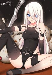 Rule 34 | 1girl, android, arm at side, armlet, artist name, bare shoulders, black footwear, black gloves, black shorts, black thighhighs, blue eyes, breasts, broken, cameltoe, closed mouth, collarbone, covered navel, elbow gloves, expressionless, eyes visible through hair, gloves, hair between eyes, hand on own knee, hand up, high heels, joints, knee up, long hair, medium breasts, mole, mole under mouth, nail polish, nier:automata, nier (series), planted, planted sword, planted weapon, ppshex, robot, robot joints, shiny skin, shoes, short shorts, shorts, single thighhigh, sitting, sleeveless, solo, sword, tank top, thighhighs, toeless footwear, toenail polish, toenails, toes, weapon, white hair, a2 (nier:automata)