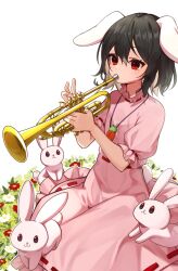 Rule 34 | 1girl, animal ears, black hair, carrot necklace, dress, flower, grass, highres, inaba tewi, instrument, jewelry, music, necklace, pink dress, playing instrument, rabbit, rabbit ears, rabbit girl, rabbit tail, red eyes, red flower, solo, tail, touhou, trumpet, white background, white flower, yuineko