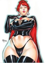 Rule 34 | 1girl, artist request, ass, black cape, black panties, breasts, cape, choker, curvy, garter straps, goblin queen, green eyes, highleg, highleg panties, highres, large breasts, leggings, madelyne pryor, marvel, navel, panties, red hair, revealing clothes, shiny skin, solo, standing, thong, traditional media, underwear, underwear only, white background, wide hips, x-men