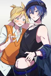 Rule 34 | 2boys, absurdres, arm over shoulder, black shirt, black tank top, blonde hair, blue eyes, blue hair, blue nails, blush, clothes lift, collared shirt, dark blue hair, earrings, hair between eyes, hand under clothes, hand under shirt, highres, jewelry, kagamine len, kaito (vocaloid), looking at another, looking at viewer, multiple boys, off shoulder, pants, parted lips, pawpawrim, project sekai, shirt, shirt lift, short hair, sleeveless, sleeveless sweater, standing, sweat, sweater, t-shirt, tank top, upper body, vocaloid, white background, white shirt, yaoi, yellow nails