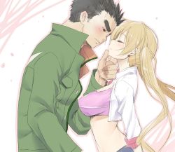 Rule 34 | 1boy, 1girl, akihiro altland, black hair, blonde hair, blush, breasts, closed eyes, closed mouth, collaboration, crop top, cropped jacket, earrings, facing another, floating hair, from side, gundam, gundam tekketsu no orphans, imminent kiss, jacket, jewelry, lafter frankland, large breasts, leaning, long hair, looking at another, midriff, momoiro manjiryuu, sleeves rolled up, smile, spiked hair, tank top, taropun, thick eyebrows, twintails, upper body