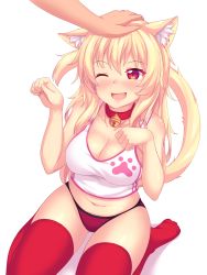 Rule 34 | 1girl, animal ear fluff, animal ears, bell, blonde hair, blush, breasts, cat ears, cat tail, collar, fang, headpat, highres, kneeling, large breasts, long hair, looking at viewer, midriff, navel, neck bell, no pants, nottytiffy, one eye closed, open mouth, original, panties, paw pose, red eyes, red panties, red thighhighs, slit pupils, solo focus, tail, tank top, thighhighs, tiffy (nottytiffy), underwear, white background