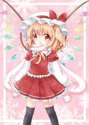 Rule 34 | 1girl, :o, black thighhighs, blonde hair, blush, border, female focus, flandre scarlet, hat, hat ribbon, looking at viewer, mimi (mimi puru), red eyes, ribbon, scarf, side ponytail, skirt, solo, thighhighs, touhou, wings