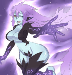 Rule 34 | 1girl, ;), alternate breast size, alternate color, alternate hair color, blue skin, breasts, colored sclera, colored skin, large breasts, long hair, maebari, maniacpaint, midna, neon trim, nintendo, aged up, one eye closed, pointy ears, purple hair, red eyes, revealing clothes, smile, solo, space, the legend of zelda, the legend of zelda: twilight princess, very long hair, wink, yellow sclera