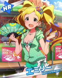 Rule 34 | 10s, 1girl, :d, bikini, blonde hair, breasts, character name, cleavage, emily stewart, emily stuart, flower, flower on head, frilled bikini, frills, front-tie top, green bikini, hair flower, hair ornament, hand fan, headband, idolmaster, idolmaster million live!, jewelry, looking at viewer, medium breasts, necklace, official art, open mouth, purple eyes, shiny skin, shorts, smile, solo, swimsuit, twintails, unzipped