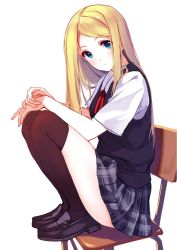 Rule 34 | 1girl, black footwear, black socks, blonde hair, blue eyes, blush, caidychen, chair, dress shirt, emma (caidychen), from side, full body, highres, kneehighs, knees up, loafers, long hair, looking at viewer, original, parted bangs, plaid, plaid skirt, school uniform, shirt, shoes, short sleeves, simple background, sitting, skirt, socks, solo, vest, white background