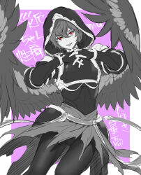 Rule 34 | 1boy, ahoge, armor, belt, breastplate, brown hair, cape, commentary, commentary request, cowboy shot, empty eyes, feathered wings, fingerless gloves, gloves, granblue fantasy, hair between eyes, highres, hood, hood up, light smile, limited palette, male focus, messy hair, own hands together, parted lips, purple background, red eyes, sandalphon (granblue fantasy), short hair, solo, spot color, tekki (tki), white background, wings