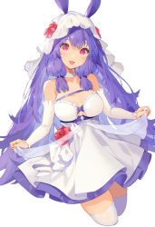 Rule 34 | 1girl, :p, akizone, animal ears, bare shoulders, blush, breasts, cleavage, collarbone, contrapposto, copyright request, cowboy shot, cropped legs, detached sleeves, doodle, dress, dutch angle, flower, gradient background, grey background, hair ornament, highres, large breasts, long hair, long sleeves, looking at viewer, medium breasts, nail polish, original, pink eyes, purple eyes, purple hair, red flower, red nails, rose, skindentation, sleeveless, sleeveless dress, smile, solo, strapless, strapless dress, striped, thighhighs, tongue, tongue out, two-tone dress, veil, vertical stripes, very long hair, white background, white dress, white sleeves, white thighhighs, zettai ryouiki