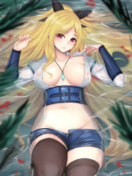 Rule 34 | 00s, 1girl, arm guards, arm strap, artist name, between breasts, black thighhighs, blonde hair, blue shorts, blurry, breasts, collarbone, corset, covered erect nipples, depth of field, dungeon and fighter, eyebrows, eyelashes, groin, hair ribbon, head tilt, jewelry, large breasts, long hair, looking at viewer, lying, navel, necklace, nipples, on back, open clothes, open fly, open shorts, palm tree, parted lips, partially submerged, pendant, petals, ribbon, see-through, shaojiang, shirt, short shorts, shorts, signature, solo, stomach, swept bangs, thighhighs, tree, unbuttoned, very long hair, water, wet, wet clothes, white shirt