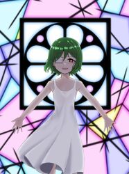 Rule 34 | 1girl, bright pupils, clover, collarbone, commentary, dress, eyepatch, flat chest, four-leaf clover, green hair, hair between eyes, handiro, happy, highres, lala (watashi no koko), lalavoice, logo, looking at viewer, open mouth, outstretched arms, petite, red eyes, short hair, smile, solo, spread arms, stained glass, teeth, upper teeth only, watashi no koko, white dress, white pupils